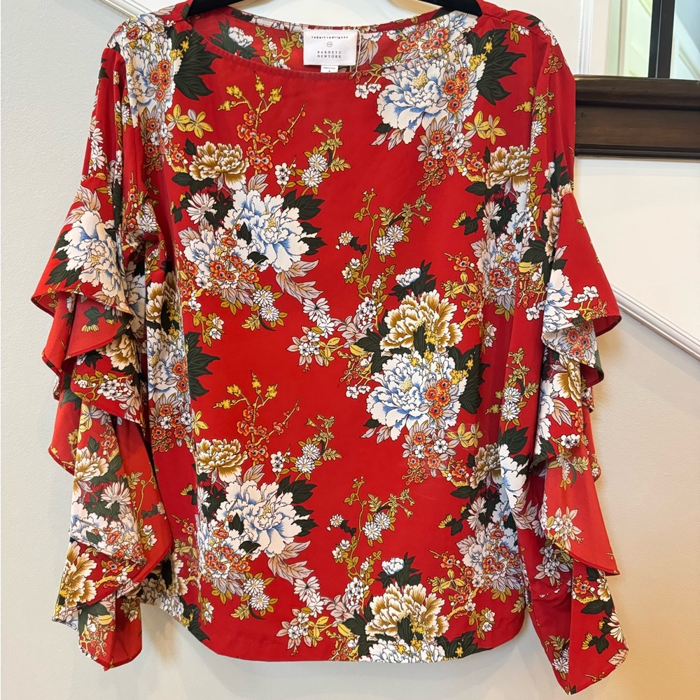Robert Rodriguez for Barney’s Red Floral Blouse with Ruffle Sleeves - Picture 2 of 5